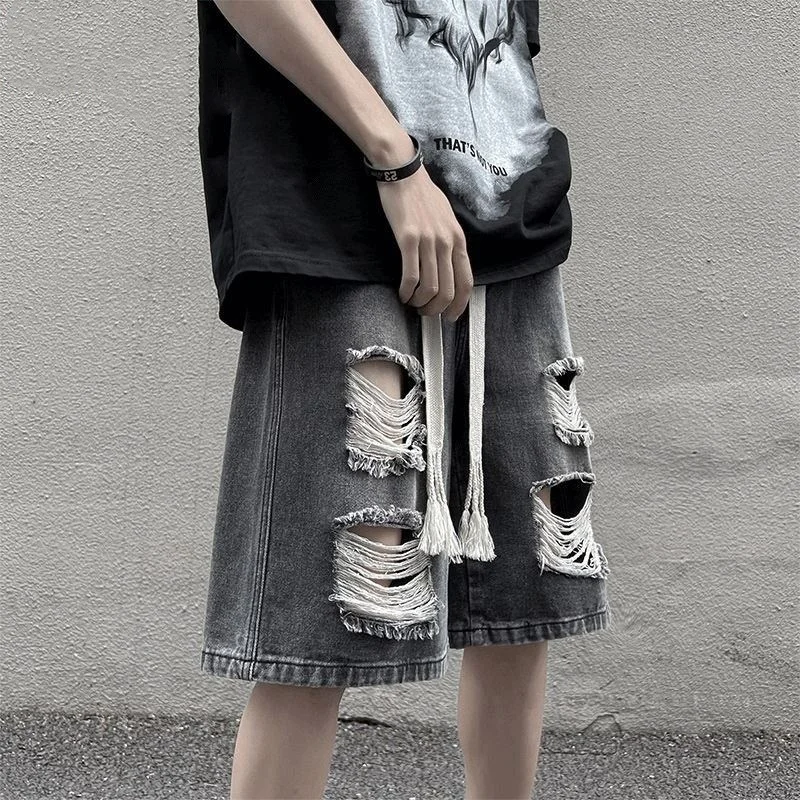 

plus Size 300 Pounds American Retro Hole Denim Shorts Men's Summer Elastic Waist Thin Straight Tube Five-Point Mid-Pants