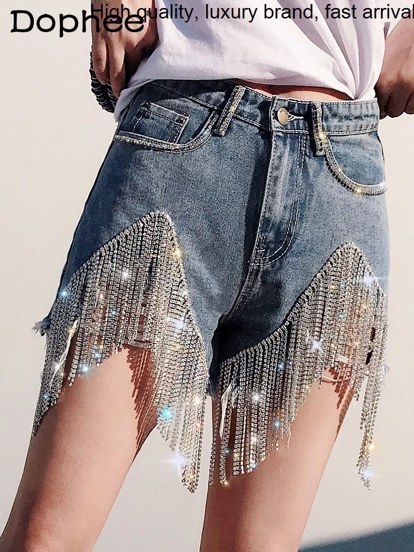 

Industry Rhinestone Heavy Chain Tassel Shiny Thailand Fashion Denim Women Ripped High Waist A- Line Jean Shorts Hot Pants