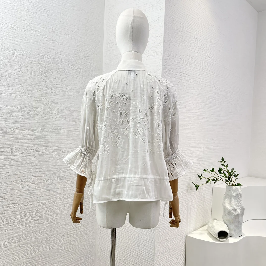 2024 Newest White Embroidery Hollow Out Half Sleeve Drawstring Waist Women Casual Blouse Tops