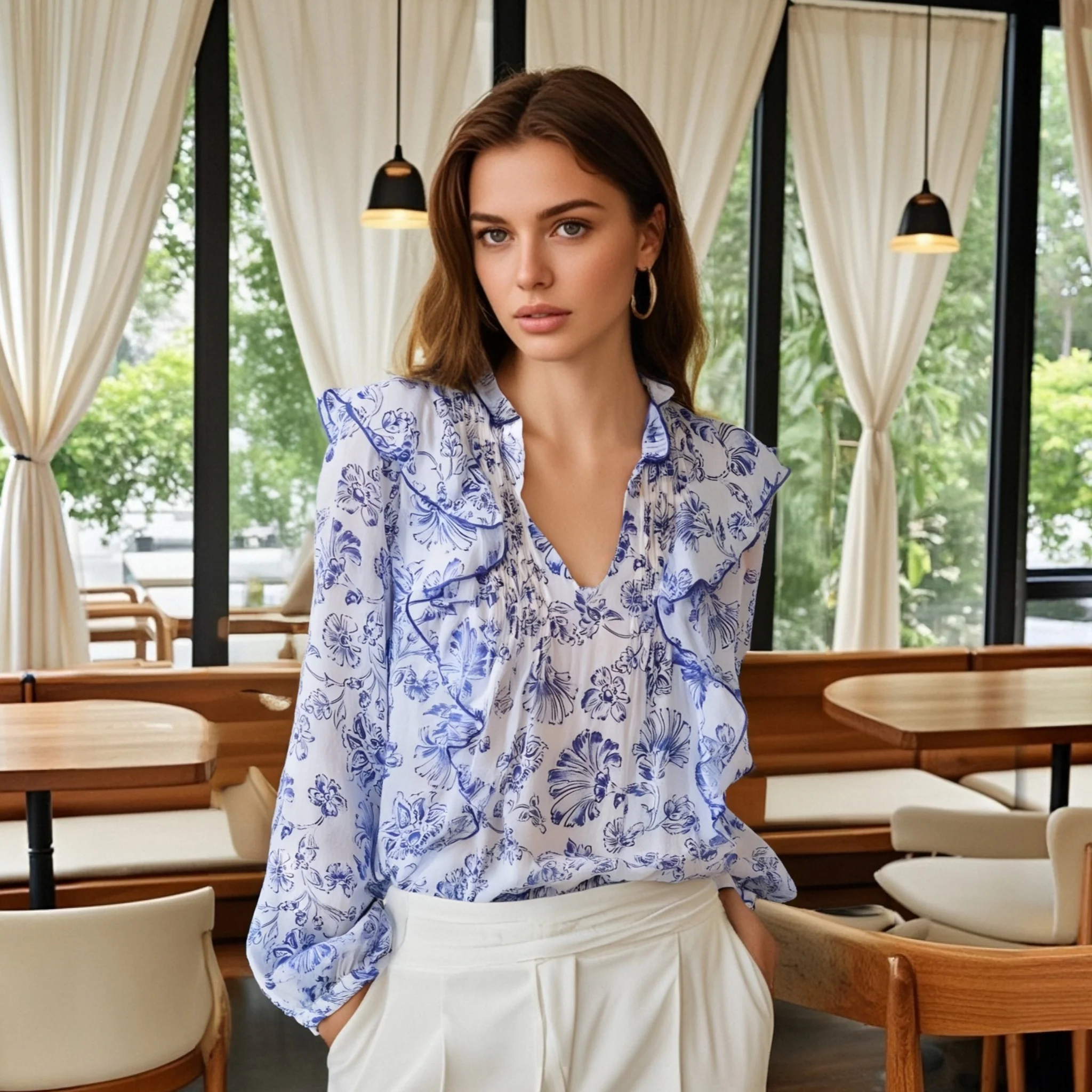 

PB&ZA 2025 Women's Long Sleeve Blue and White Floral Print Ruffled Blouse Fashionable and Elegant Top for Women