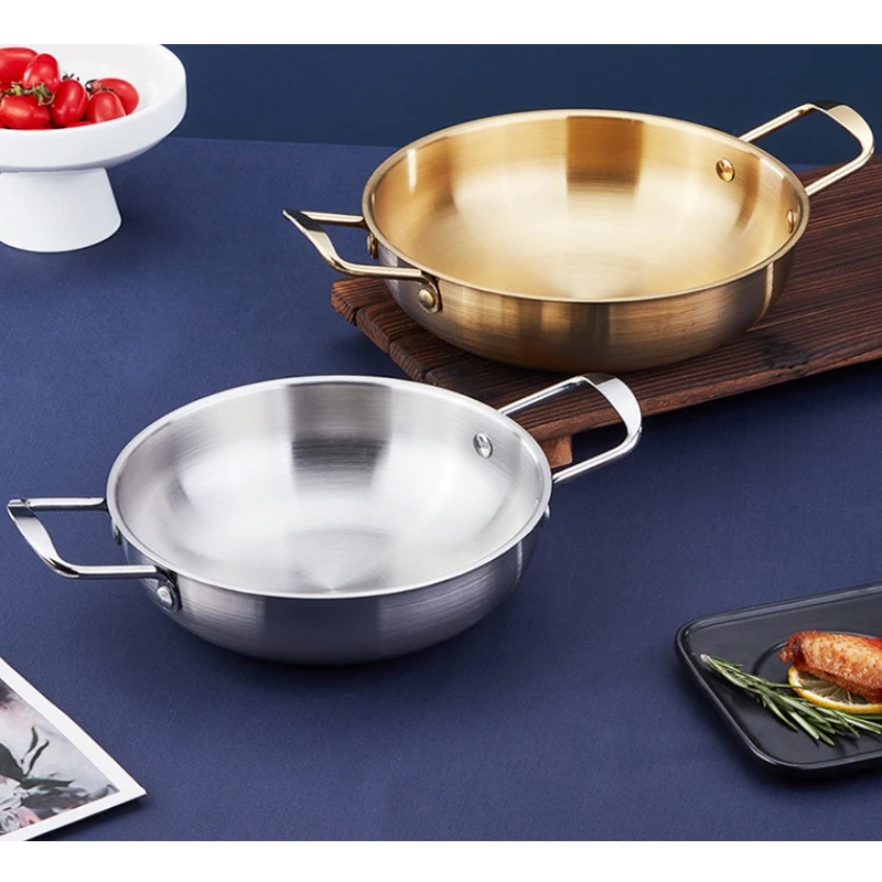 Double Ear Stainless Steel Cookware Saucepan Dry Pots With Handle Home Cooking Paella Pan Seafood Rice Pot Picnic Snack Plates