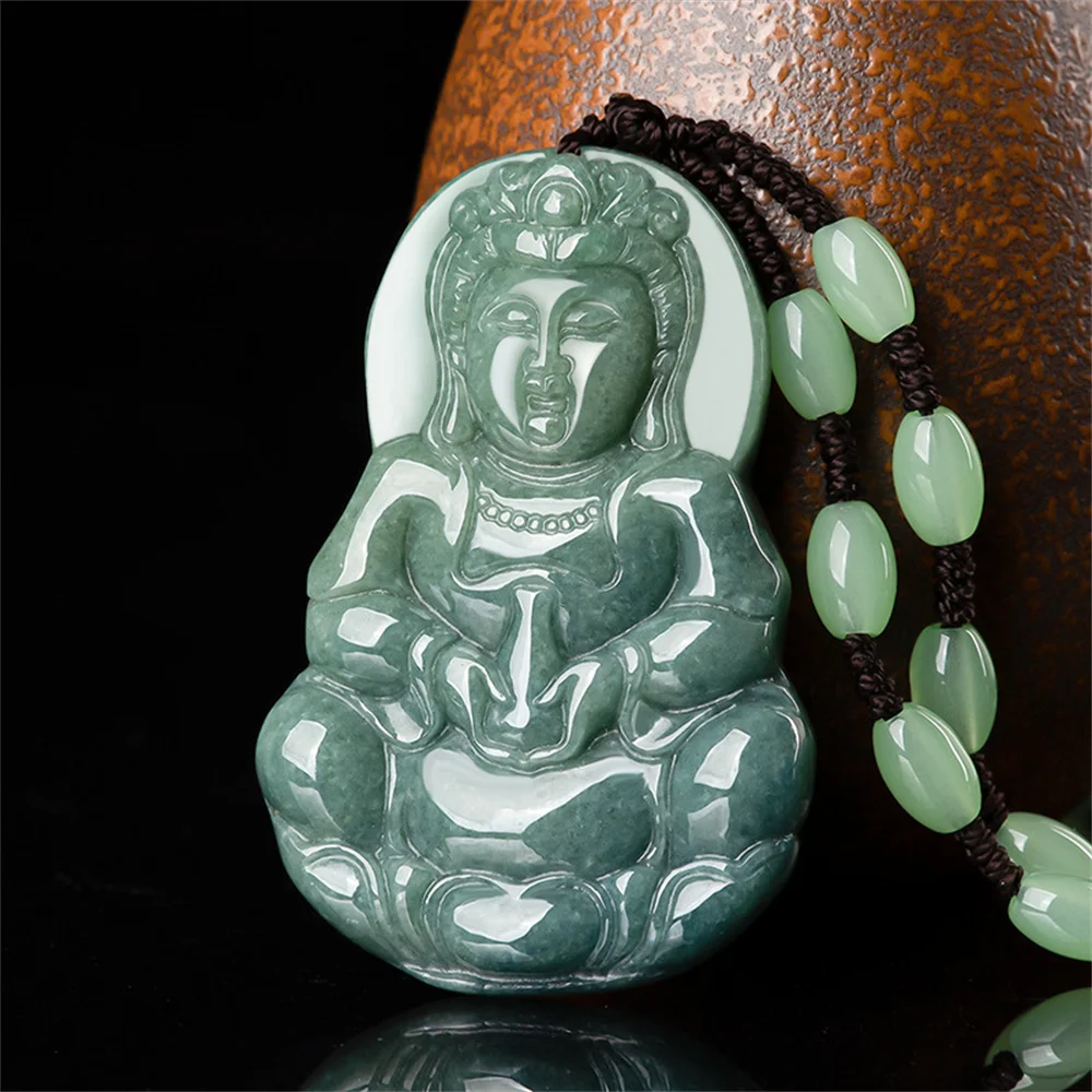 Trendy Natural Green Jadeite Carved Big Classic GuanYin Lucky Pendant Amulet Necklace Certificate Luxury Jade Vintage Jewelry