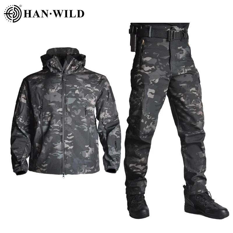 HAN WILD Tactical SoftShell Jackets Hunting Softair Fleece Suit Men Combat Uniform Waterproof Pants Hiking Set Camping Clothes