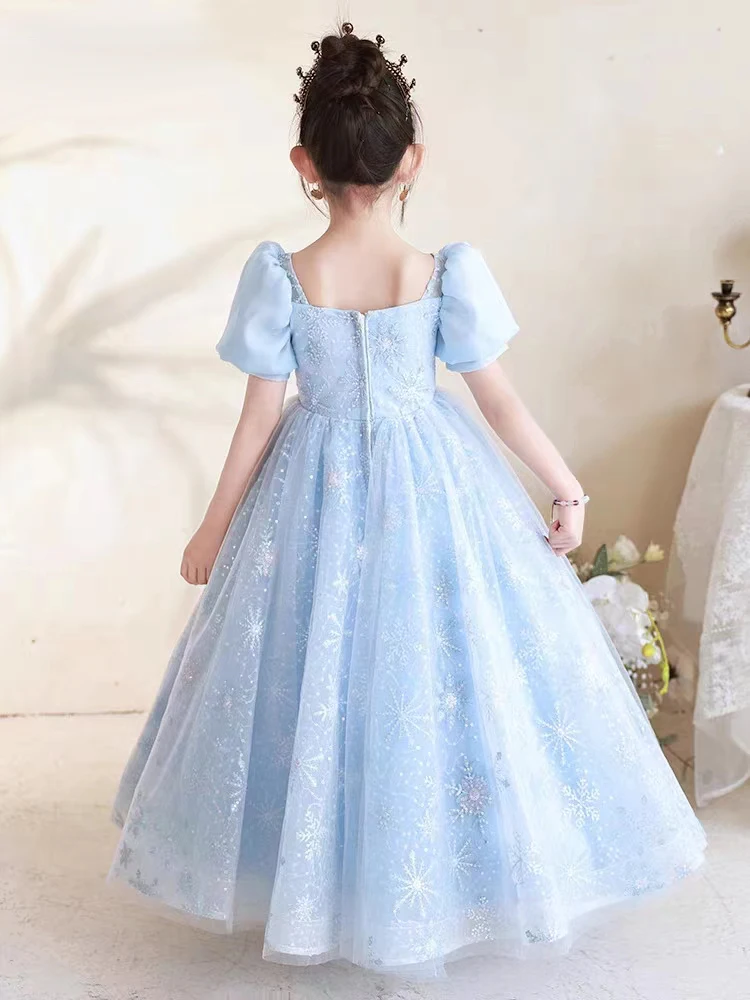 Robe de princesse flocon de neige à sequins bleus pour enfants, robe rose élégante pour anniversaire, carnaval, spectacle, filles de 2 à 14 ans