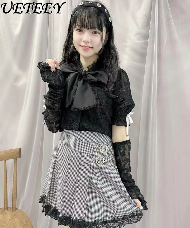 

Japanese Rojita Tops Mine Series Mass-Produced Popular Bow Detachable Puff Sleeve Lace Shirt Sweet Cute Girls Bottoming Blouse