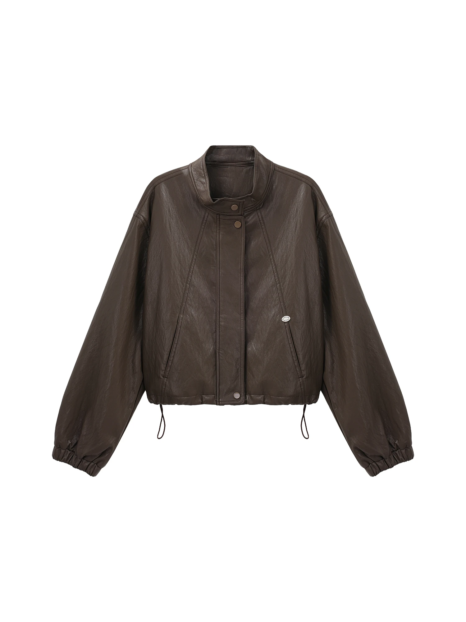 Nova Jaqueta Feminina de Couro Cor Café com Gola Dstring, Corta-Vento de Manga Longa com Zíper para Outono