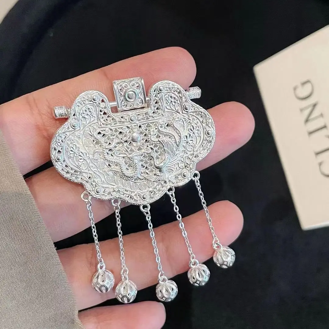 

Pure 999 Fine Silver Pendant For Women Emperor's Disciple Locked Bag Filigree Pendant Dragon Phoenix Charm Christmas Gift Lock
