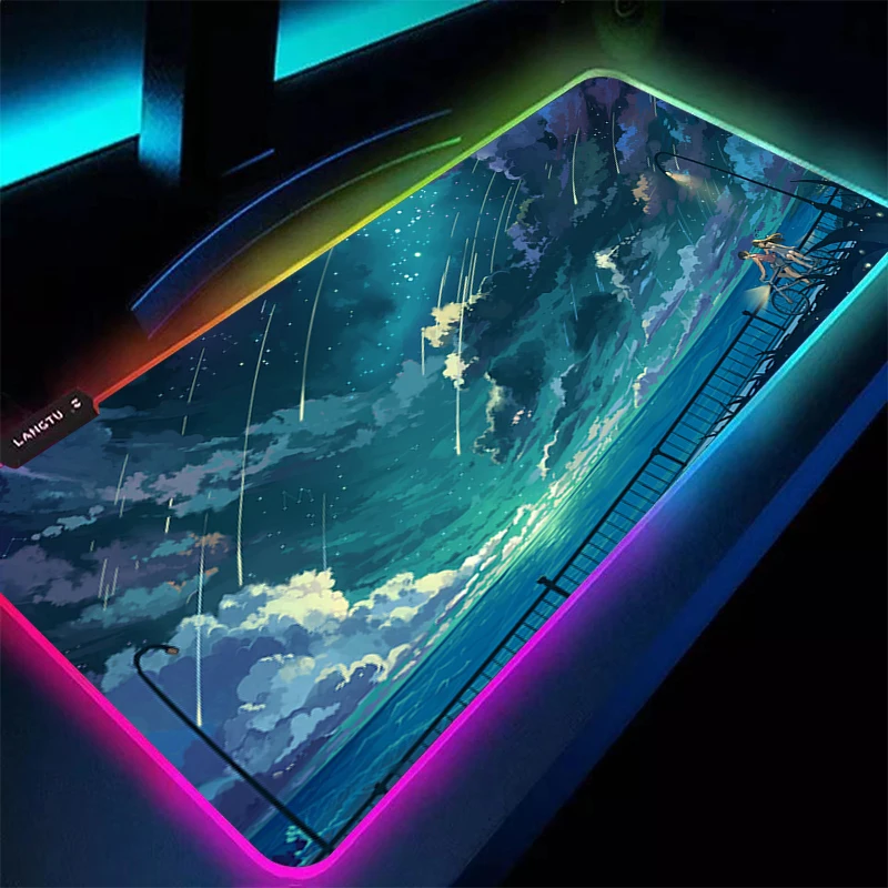 Alfombrilla LED para ratón, alfombra RGB para ordenador portátil, alfombrilla para teclado Kawaii, alfombrilla para ratón con nubes rosas, borde, borla blanca, alfombrilla de goma para escritorio extendida