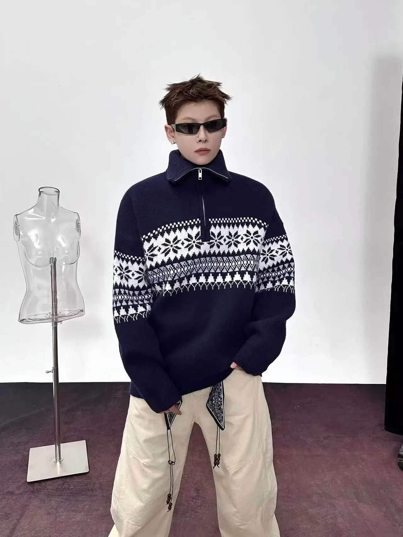 

American Sle Fair Isle Knitted Sweater Men's Autumn Winter f Zip High Collar Lazy Casual Knitwear Coat Soft Loose Fit