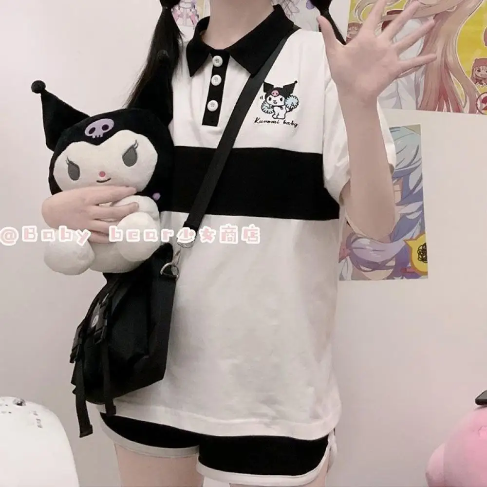 Kawaii My Melody Koszulka z krótkim rękawem Sanrio Kuromi Cinnamoroll Anime Letnia koszulka polo Top Nowy japoński styl Dziewczyna Luźny Casual