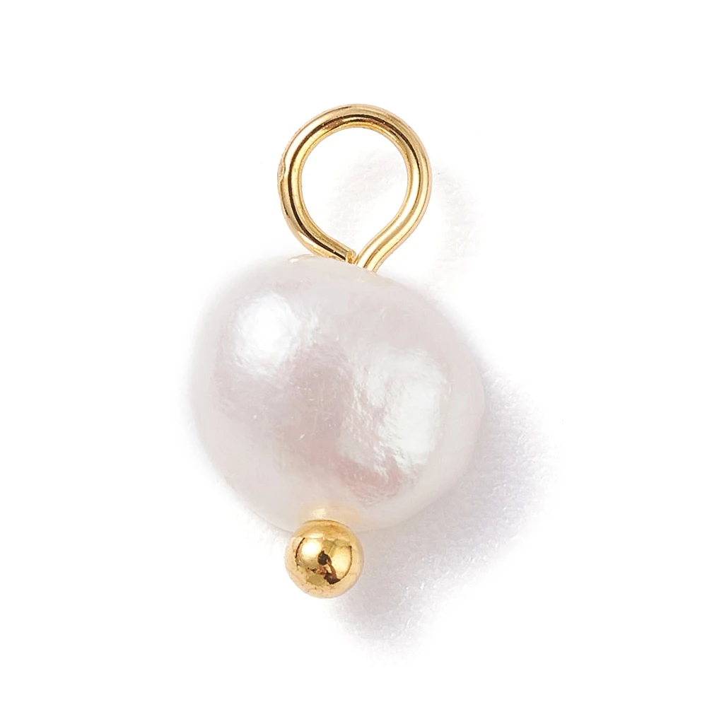 PandaHall 100pcs Natural Cultured Freshwater Pearl Charms with Golden Brass Ball Head Pins Two Sides Polished for Jewelry Making