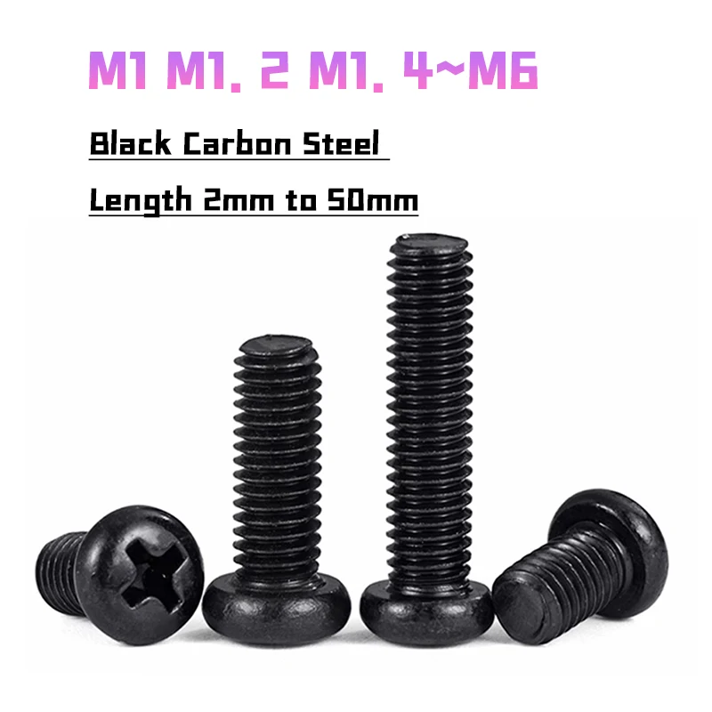 M1 M1.2 M1.4 M1.7 M2 M2.5 M3 M3.5 M4 M5 M6 Black Carbon Steel Round Head Phillips Screws Mini Micro Small Machine Screw