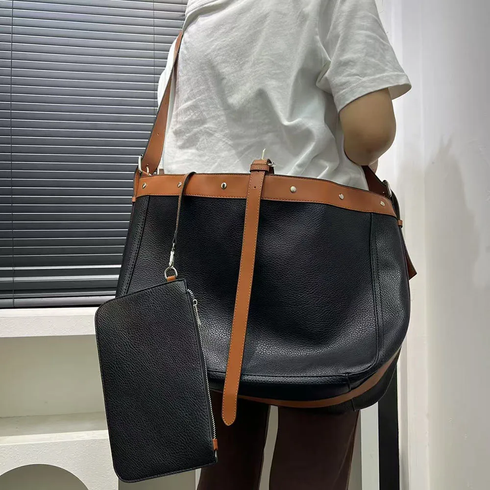 New Hot Sale Color Block Shoulder Bag Large Capacity Women Leather Bag Vintage Style Underarm Bags Fashion Female Handbag