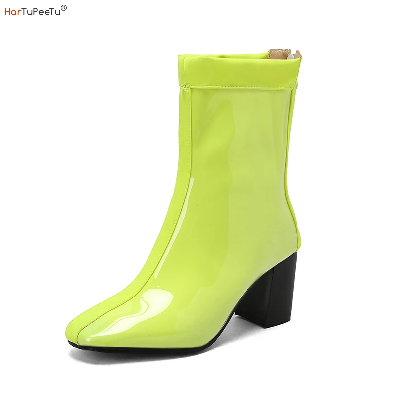 

Glossy PVC Ankle Boots Women Chunky Heels Shoes US Size 3.5-14 Spring Autumn Fashion Candy Colours Boots Botas De Mujer