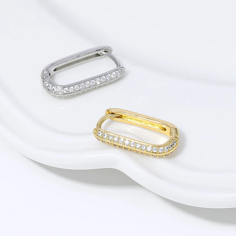 ohrringe damen,ohrringe,Trendige rechteckige Mikro-Zirkonia-Huggie-Ohrringe, 18K vergoldetes Messing, geometrische Creolen, Piercing-Schmuck, Damengeschenk – Detail 19