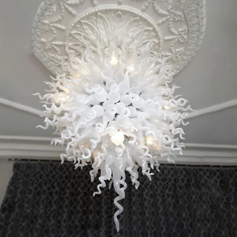White Hand Blown Glass Chandelier Lovely round Pendant Lamp for Wedding Living Room Art Decor Classic Crystal Lighting Fixture