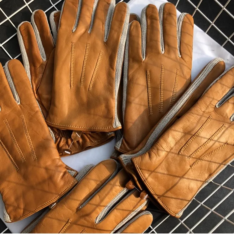 Men's Autumn Winter Thicken Warm Kniited Patchwork Sheepskin Leather Glove Male Motorcycle Driving Glove R1532