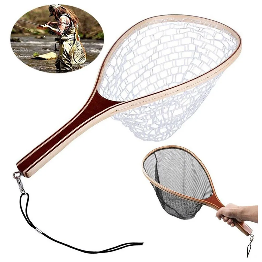 

Fly Fishing Landing Net Portable Lightweight Rubber Net With Wooden Handle Fly Fishing Gear Accessories