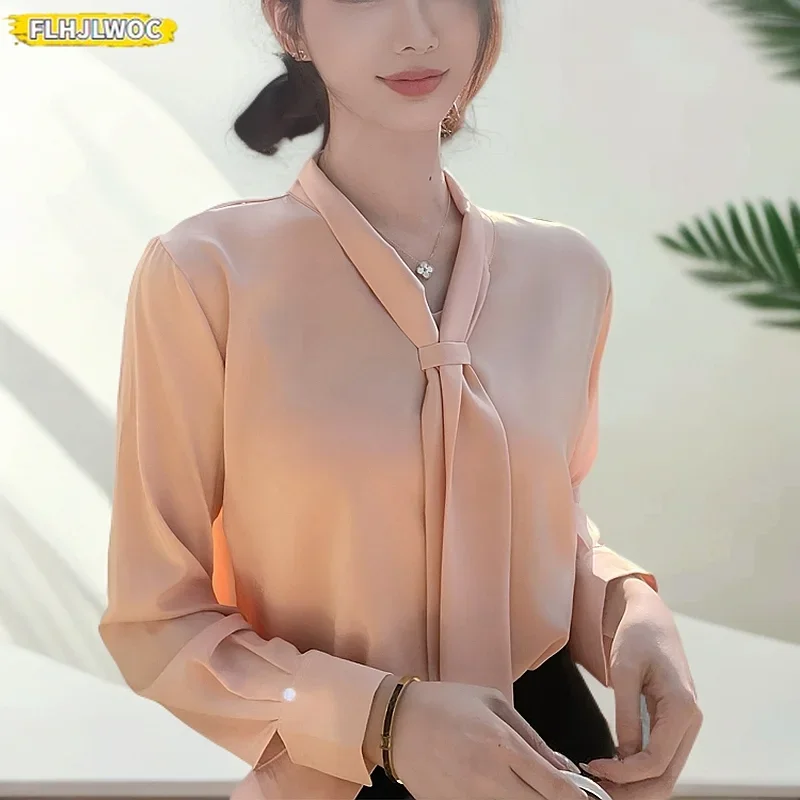 

Lace-Up Bow Tie Formal Office Lady Work Wear Women 2025 Single Breasted Button Solid Ruffles Top Pink Cute Basics Shirts Blouses