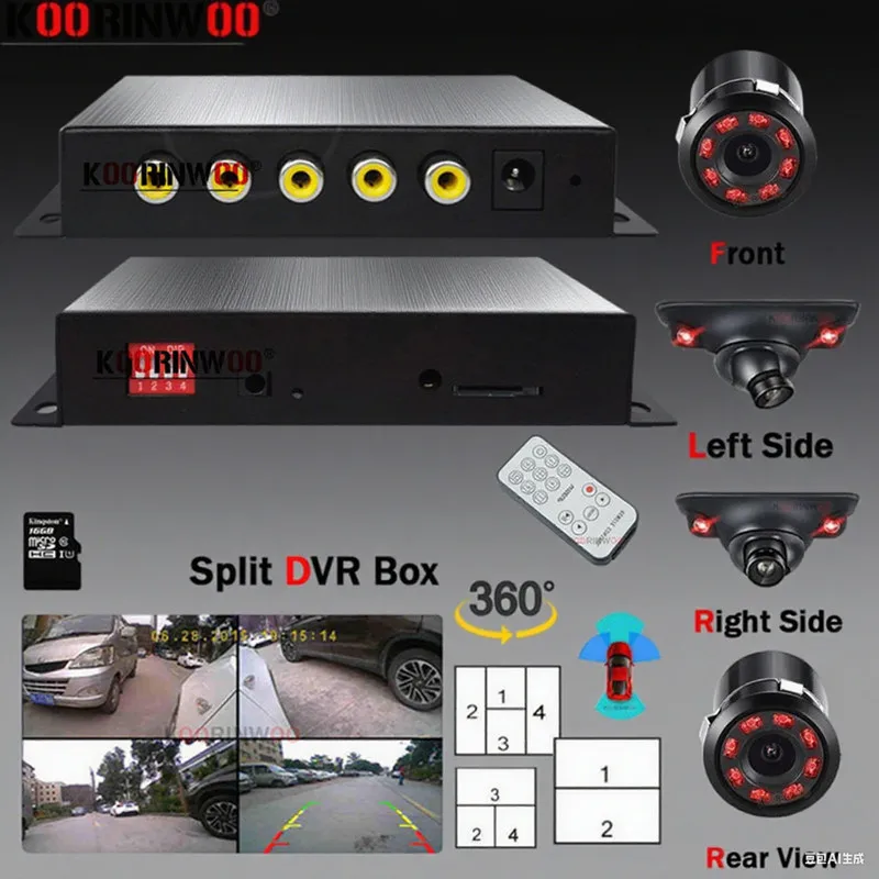 

Автоматическая запись видео, электронные устройства для камер, ночного видения, 4-канальный автомобиль, черный ящик 360 ° Автомобильный видеорегистратор с обзором Android