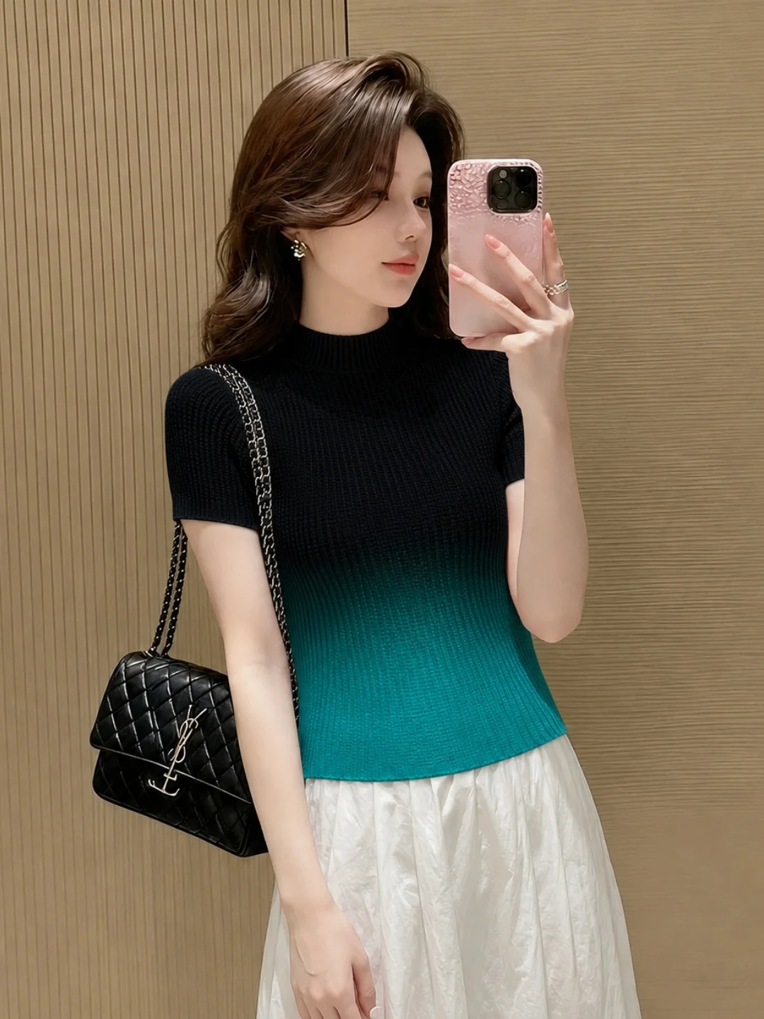 

Graduated Color Design Slim Fit Short Sleeve T-Shirt Women's Unique Summer Fashionable Versatile Top Half Open Collar Crew Neck
