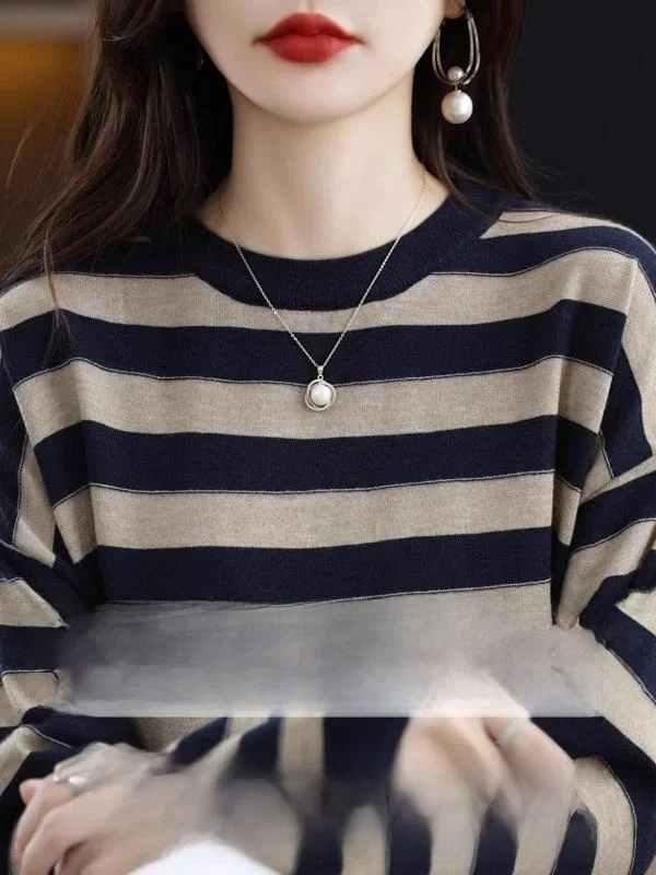 

Весенний женский свитер Camere в полоску, свободный, с круглым вырезом, вязаный, шерстяной, базовый слой, простой, для повседневной носки, с длинными рукавами