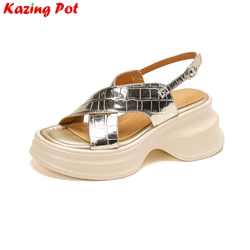 Krazing Pot Cow Leather Buckle Strap Summer Shoes High Heels Classics Office Lady Runway Modern Casual Platform Women Sandals