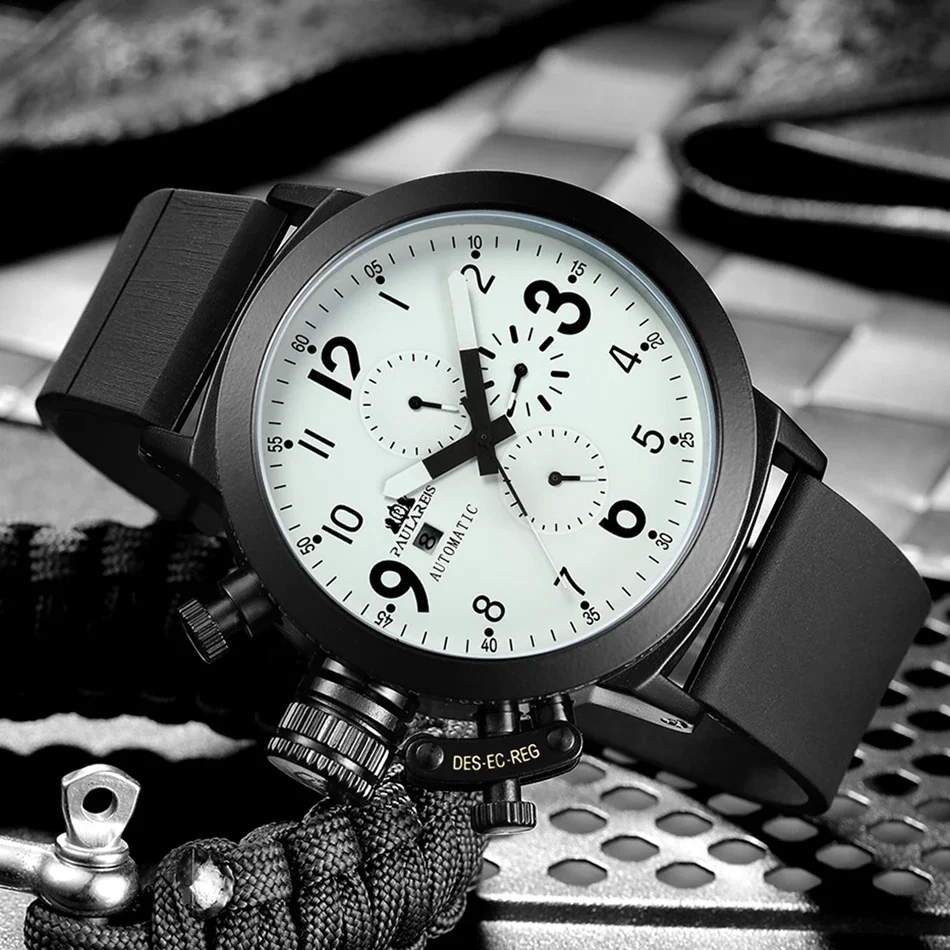 ساعة أوتوماتيكية للرجال ميكانيكية ذاتية الرياح قارب مطاطي حافظة برتقالي أزرق أصفر رمادي موضة اليد اليسرى U