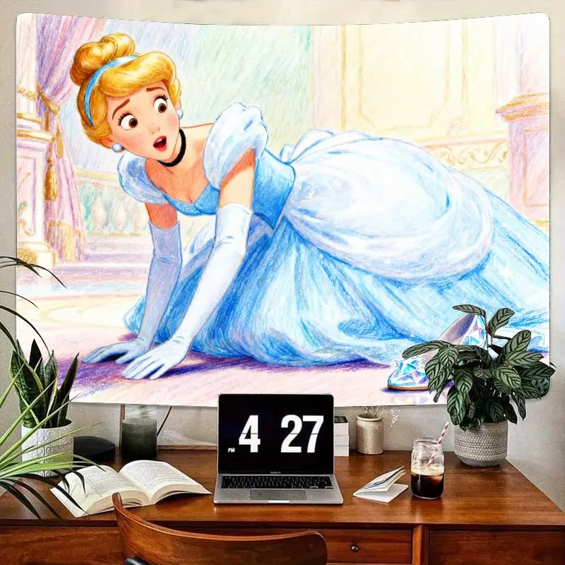 

1 шт., синее платье принцессы Золушки, гобелен, сказка, настенное искусство, эстетический декор из полиэстера для девочек, подарок для комнаты со стеклянными тапочками