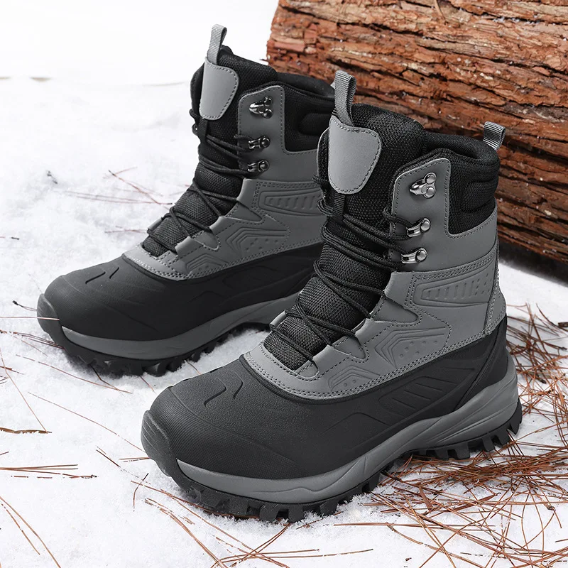 Men's Winter High-Top Snow Boots with Fleece Lining Thickened Waterproof Non-Slip Warm and Cold-Resistant Cotton Work Shoes