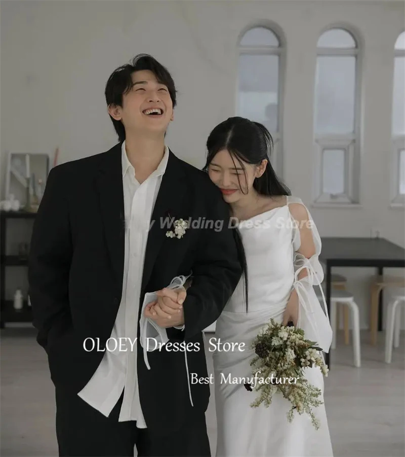 Oloey Phantasie Korea eine Linie Brautkleid eine Schulter Langarm Brautkleid boden lang seidig Satin Brautkleid Fotoshooting