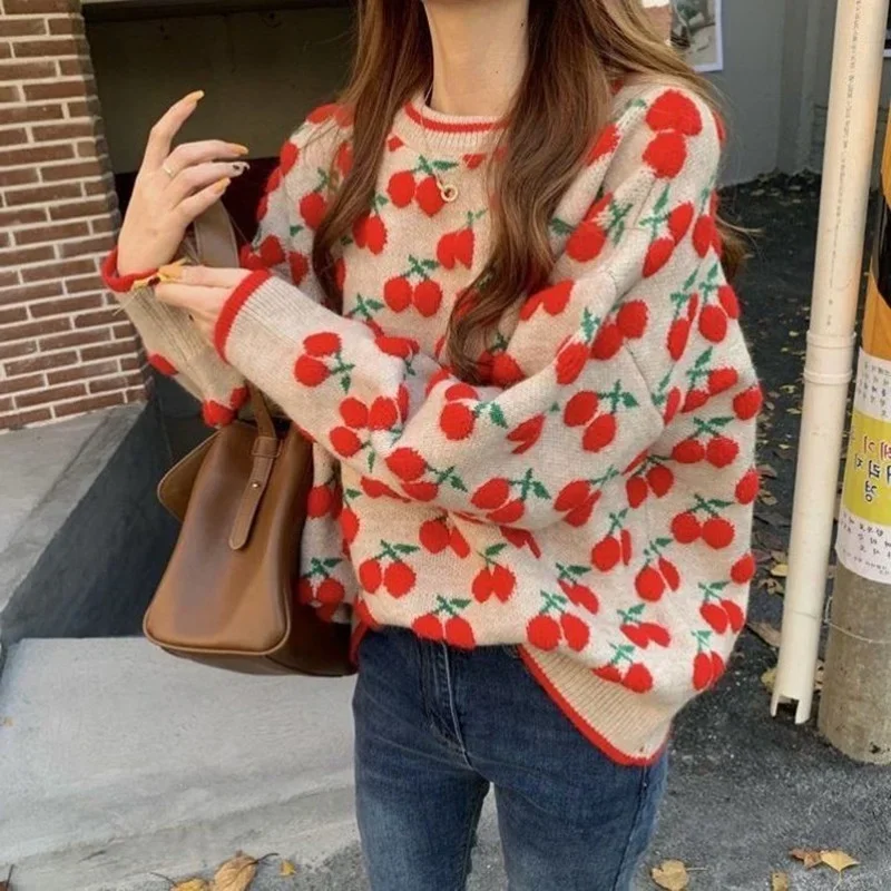 2024 Autumn and Winter New Retro Cherry Jacquard Round Neck Pullover Sweaters Women Loose Knitwear Long Sleeve Padded Sweater