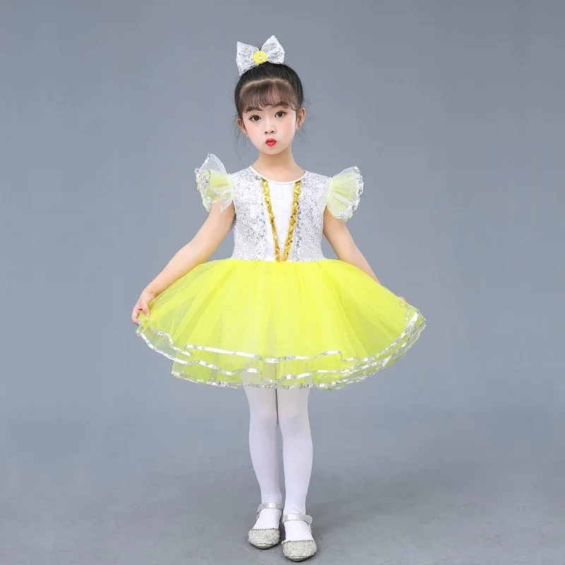 현대 무용 무대 공연 의상, 어린이 스팽글 댄스 공연 의상, 푹신한 치마, 소녀 공주 원피스