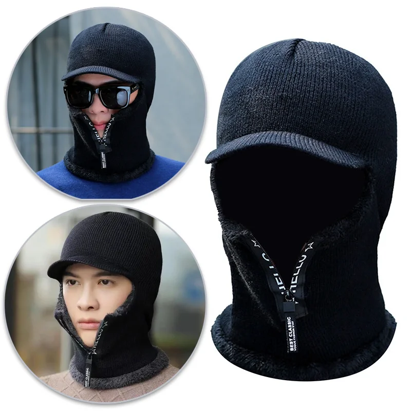 

Autumn and Winter Warm Hat Outdoor Ear Wool Protection Hats Warm Thick Bicycle Knitted Capd Scarf Windproof Visors Zipper Cap