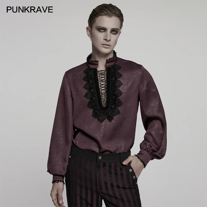 PUNK RAVE メンズ ゴス スタンドアップカラー ダークローズ柄シャツ エレガントなレースフロント ドローストリングデザイン 絶妙な感触のトップス
