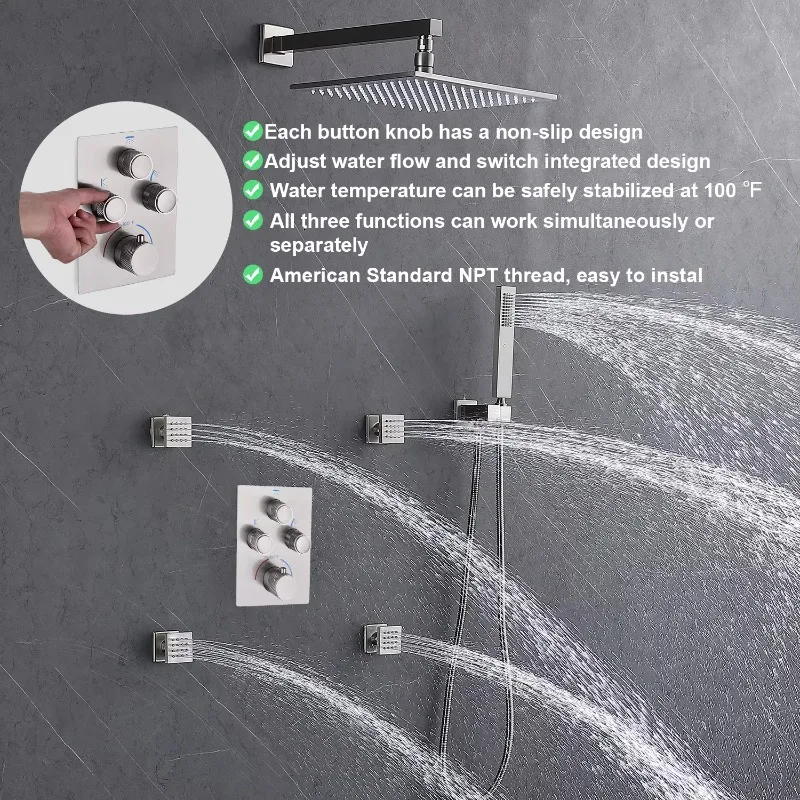 12-Inch wall-mounted rain shower system set Brushed nickel button constant temperature rain shower faucet set