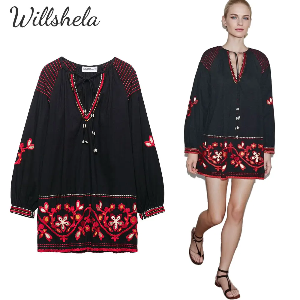 

Willshela Women Fashion Summer Embroidery Mini Dress V-Neck Long Sleeves Female Chic Lady Casual Mujer Short Vestidos