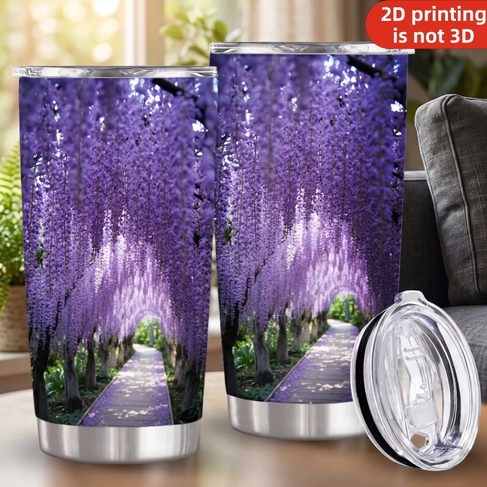 20oz Purple Wisteria Tunnel Printed Stainless Steel Tumbler with Lid and Straw, Floral Archway Garden Path Spring Bloom Landscape Vacuum Insulated Travel Coffee Mug Gifts for Women