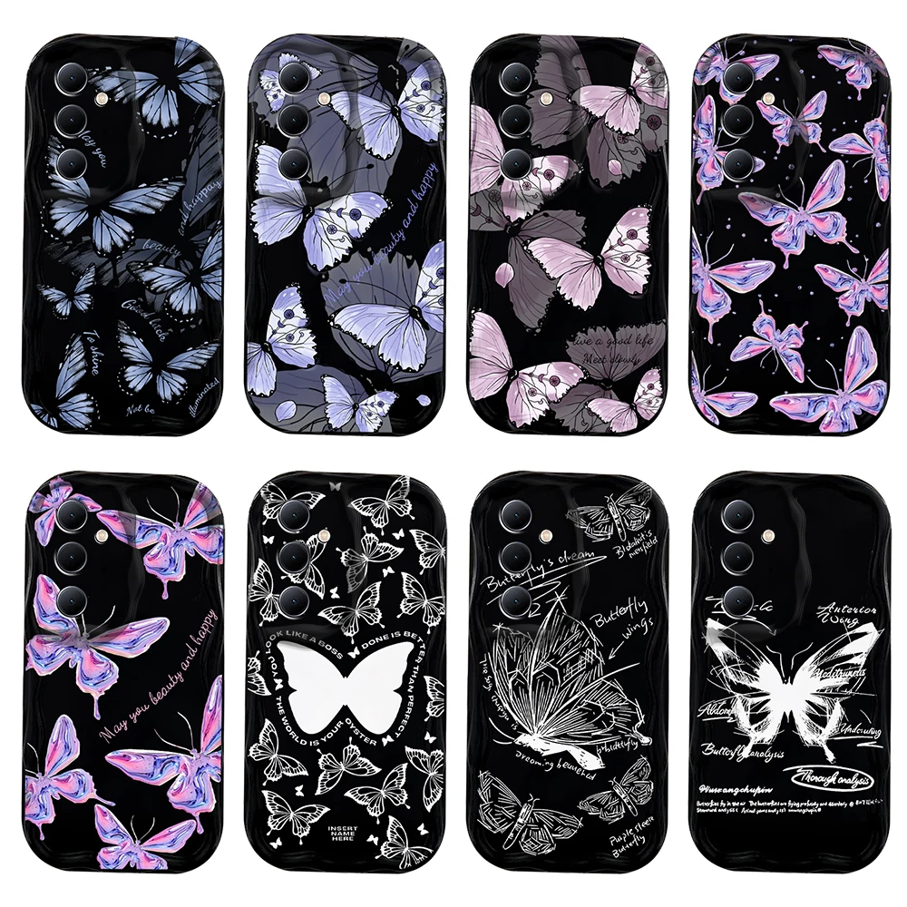 Cute Retro Butterfly Black 3D Wave Phone Case For Samsung Galaxy S24 S23 S22 S21 S20 FE Plus Ultra 4G 5G Soft Silicone Cover