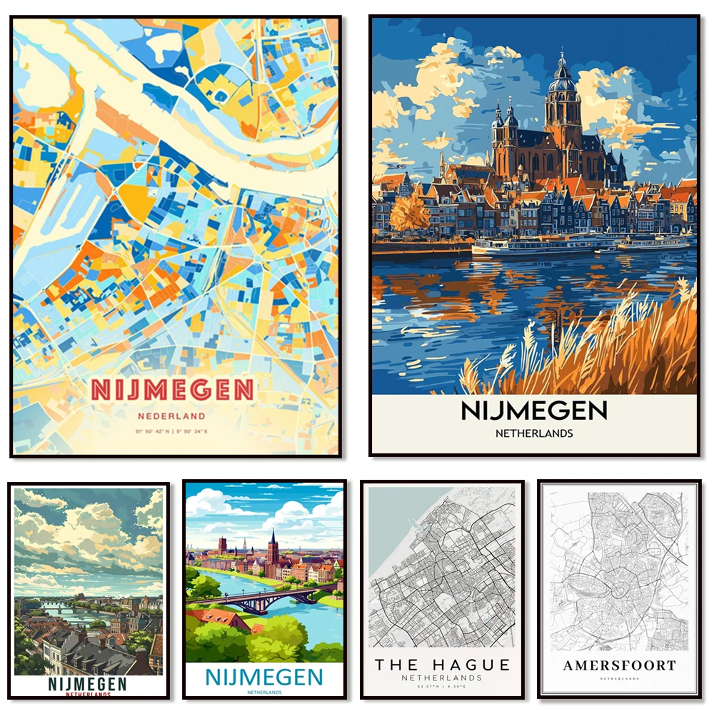 Canales de Amsterdam, mapa de Nijmegen, Koppelpoort, Amersfoort, mapa de la ciudad de la Hague, parque de Wallhof y museo, cartel de viaje de Nijmegen