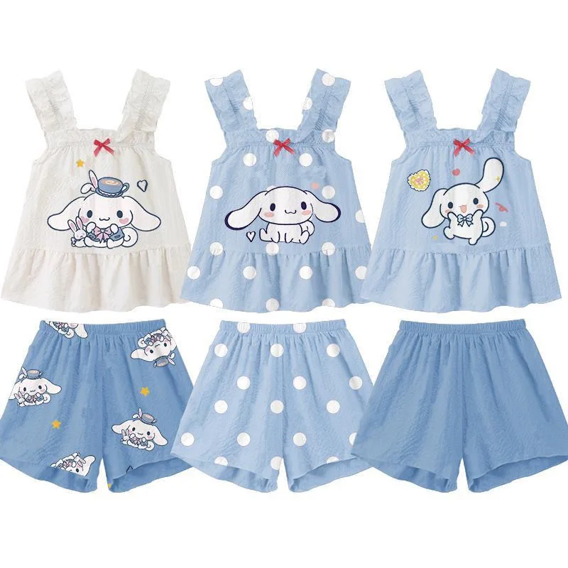 

2 шт., пижамы с короткими рукавами Sanriou Cinnamoroll, шорты Kuromi, детская домашняя одежда, одежда для девочек, хлопковая праздничная одежда с героями мультфильмов, подарок