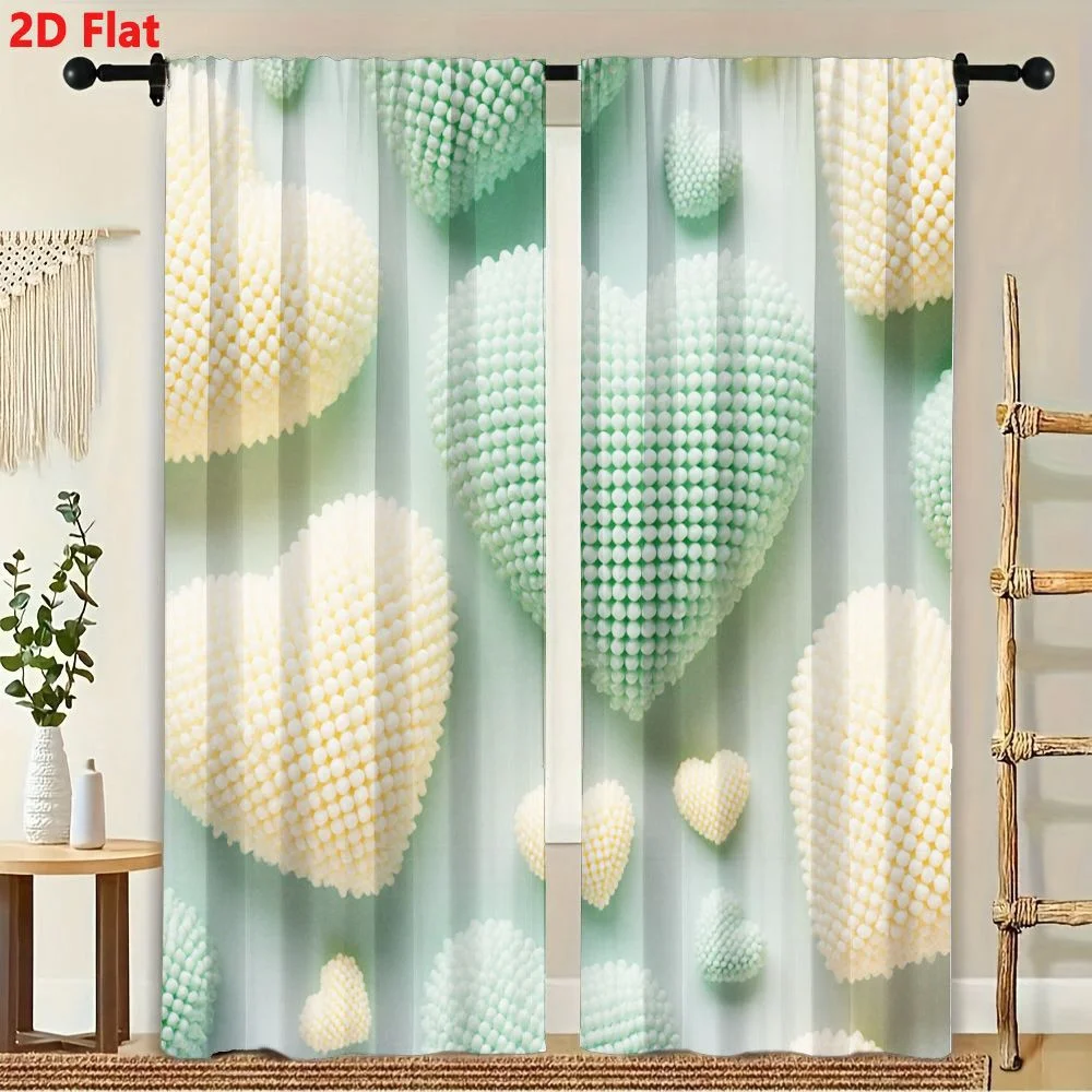 2Pcs Curtains 2D Flat Heart - Shaped Beaded Decoration Pastel Mint Green And Cream White Heart Arrangement On Light Background W 3