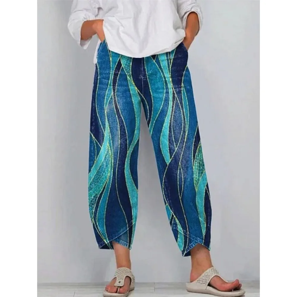 Kurze Harem-Capri-Hose mit abstraktem geometrischem Aufdruck für Damen, Baumwolle, lockere Passform, Tulpen-Wickelhose, knöchellange Freizeithose, XXS-4XL – Detail 8