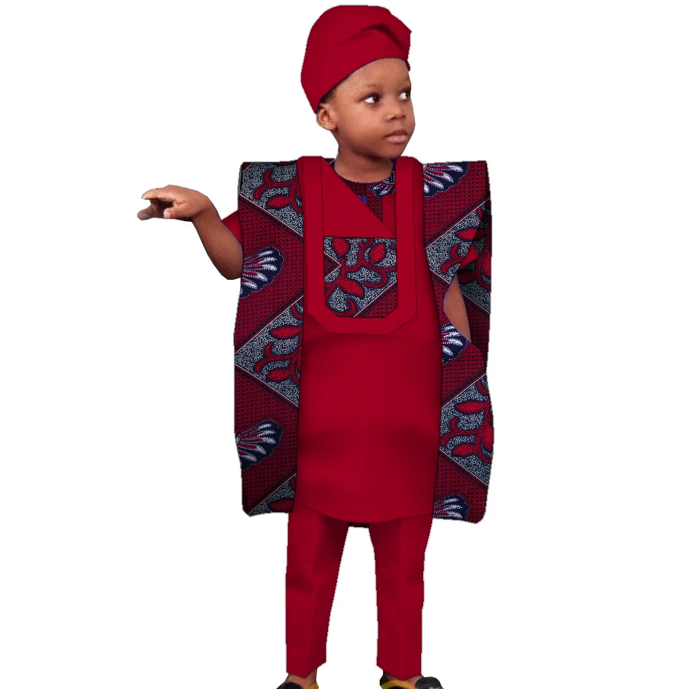 Children\'s Clothing African Agbada Robe Suit for Kids Patchwork Dashiki Boy Suit 4 Pcs Set Shirt Pant and Coat with Hat WYT619