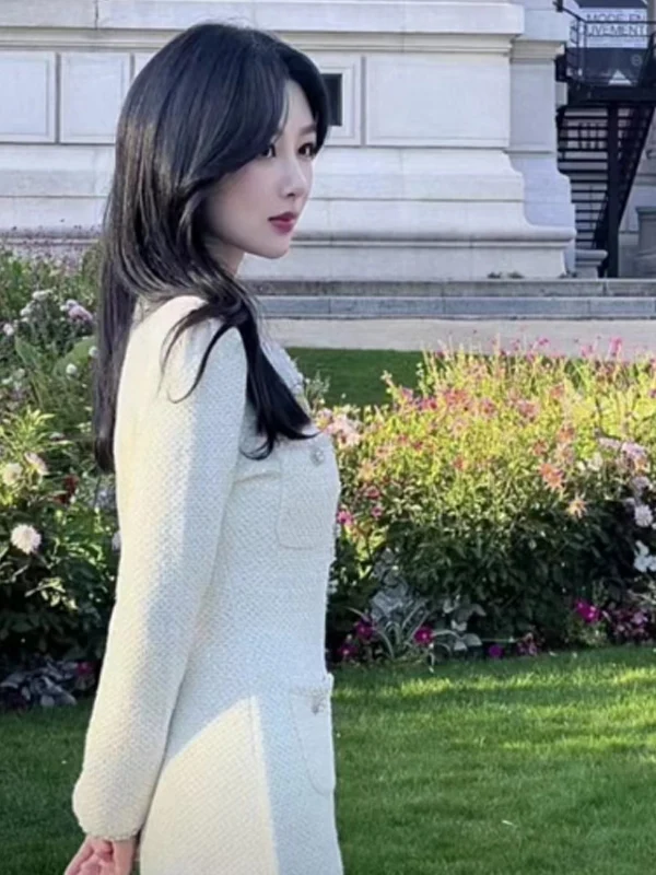 

Ele Pearl Embedded Diamond Plaid Knitted Dr with Lace Hemline A-Line Skirt Long Sve Woolen Autumn Faion Dr