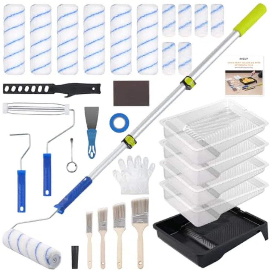 

【Spot goods】INCLY 32PCS Paint Roller Kit with 2 to 4 Ft Extension Pole 4" and 9" Paint Rollers with 11'' Tray Paint Brushes Pai