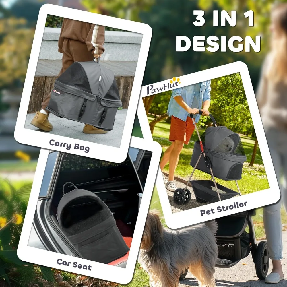 3-in-1-Hundewagen mit abnehmbarem Träger, leichter, zusammenklappbarer Haustierkinderwagen mit 4 Rädern, Aufbewahrungskorb, Getränkehalter