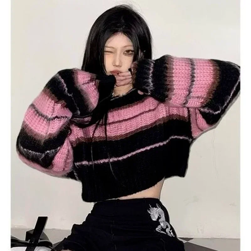 Y2K Korean Style Pink Cropped Sweater Women Striped Jumper Vintage Female Autumn Long Sleeve Crewneck Pullovers Casual Tops