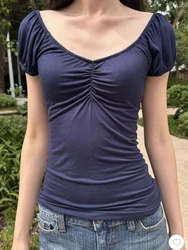 Navy Folds Slim T-shirt Summer V-neck Short Puff Sleeve Casual Tees Y2k Vintage Streetwear Solid Simple Tshirts Top for Woman