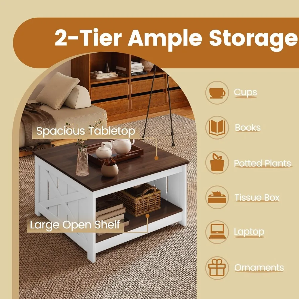 Modern 31 Square Coffee Table with Open Storage Shelf, 2-Tier X-Shaped Design, Barn Fence Style